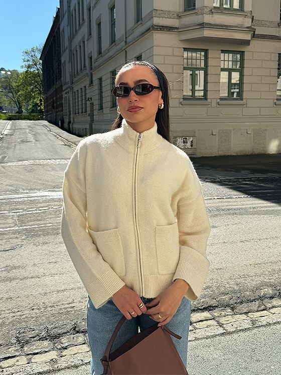 Selected Femme Sia Ras Long Sleeve Knit Zipper Cardigan Snow White Melange